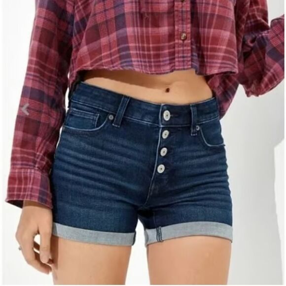 American Eagle Dream Midi Dark Wash Button Fly Jean Shorts - 2 - Picture 1 of 12